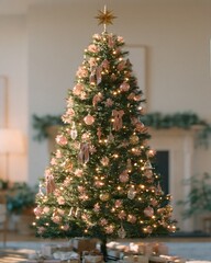 Fototapeta premium Beautifully Decorated Christmas Tree with Warm Lights and Pink Ornaments in Cozy Home Setting