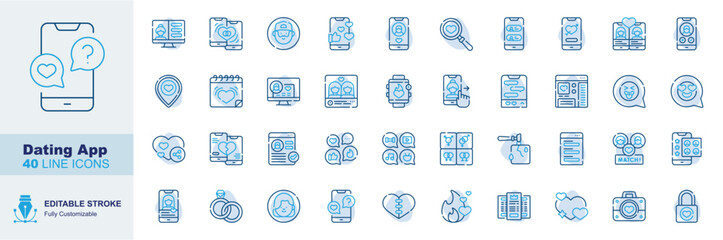 Fototapeta premium Dating app icon set. Editable line icons smartphone chat, user profile, wedding rings, love match vector illustration