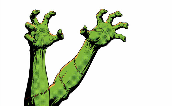 Two green stitched zombie hands reaching in vintage pin-up comic style