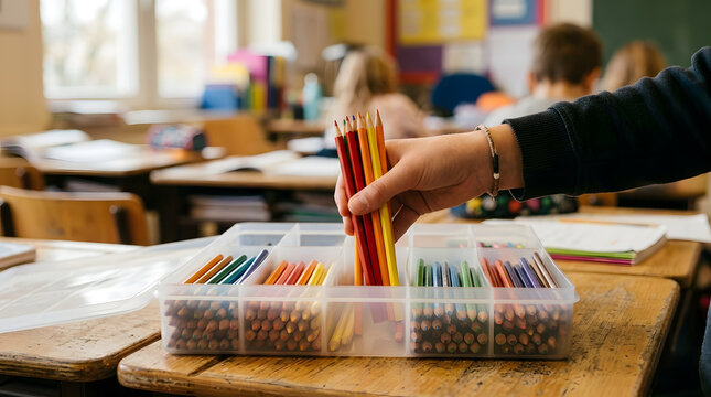 A student's hand sorting vibrant colored pencils from a divided plastic storage box on a wooden classroom desk during an art lesson, with blurred children studying in background school setting