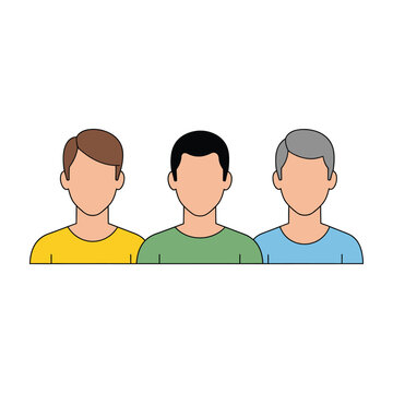 Three faceless men in colorful t shirts standing together in a row