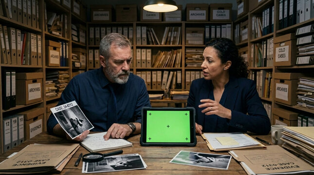 Detectives examining evidence in archive office studying crime scene photos and tablet with green screen