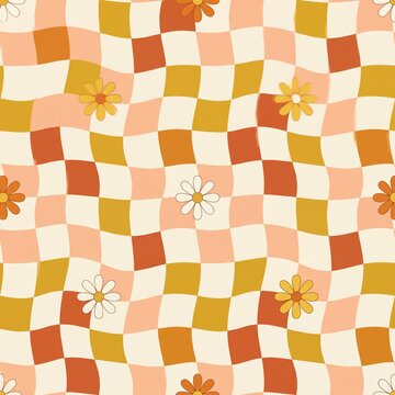Seamless 70s groovy wavy checkerboard and retro daisy flower pattern