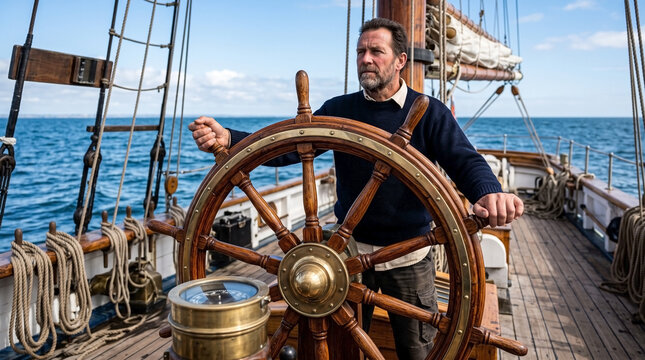 Ship wheel with captain navigating sailing vessel across ocean waves. Wooden steering helm showcases maritime adventure while captain skillfully directs course toward horizon.