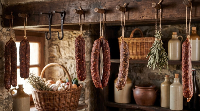 Smoked sausages pantry displays cured meats, dried herbs hanging from rustic wooden beams. Rustic smoked sausages pantry features garlic, onions in baskets, ceramic bottles on stone wall.
