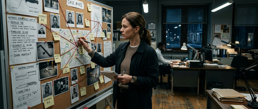 Female Detective Examining Evidence Board with Photos Maps and Notes