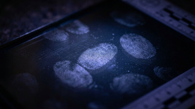 Forensic fingerprint analysis close up on dark background criminal investigation evidence discovery crime scene investigation DNA identification