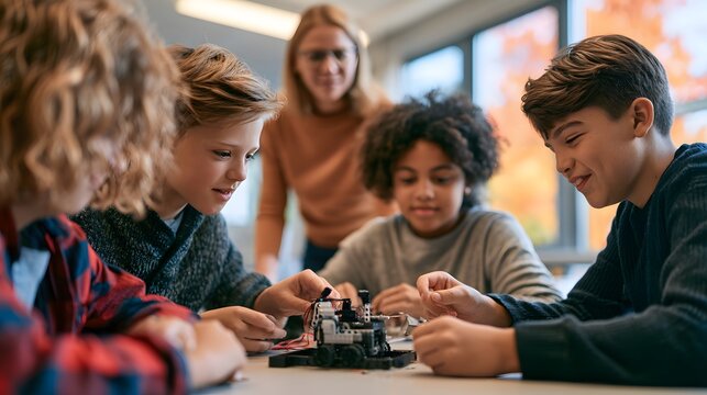 Group of students working together on a robotics project with their teacher in a classroom