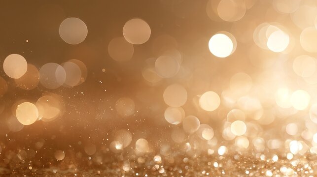 Champagne gold Christmas background with soft bokeh circles, warm cream and amber illumination, pale gold highlights and subtle glowing dust
