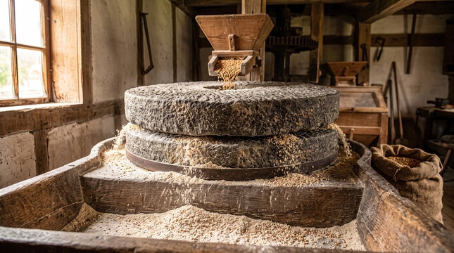 Detailed grain milling process with old millstones grinding wheat into fine flour inside rustic historic mill interior. Grain milling shows traditional machinery,