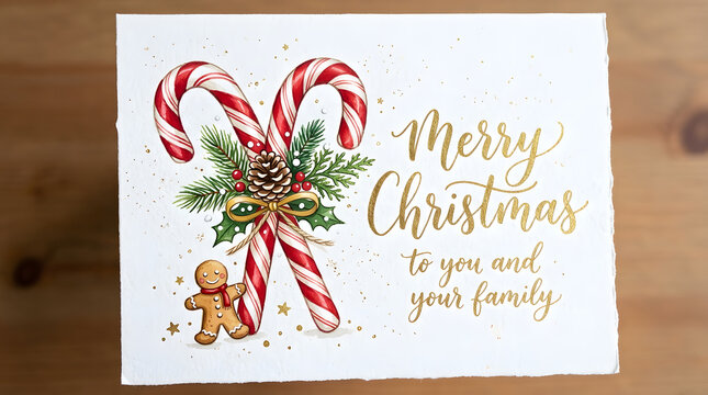 Watercolor christmas card with candy canes gingerbread man and festive holiday greetings