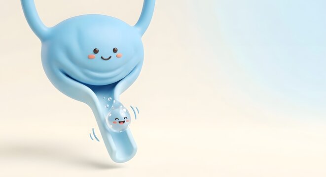 Smiling blue cartoon bladder character with liquid drop