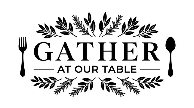 Gather at our table dining room sign with fork spoon and herbs
