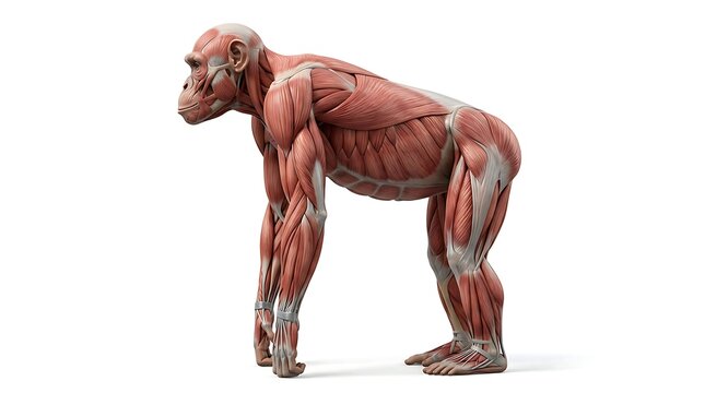 Chimpanzee muscle anatomy illustration with red fibrous tissues for biological study and education.