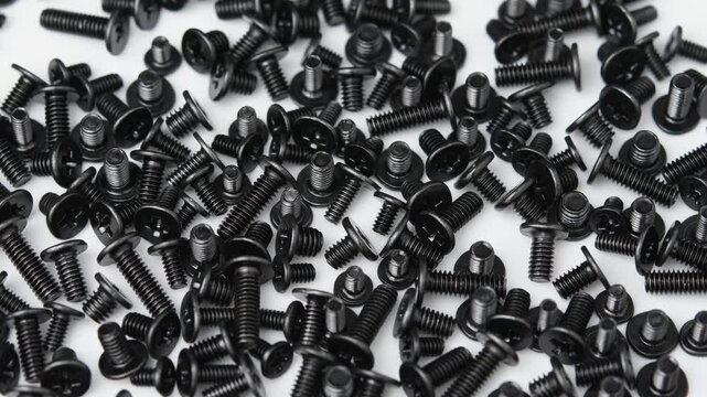Camera pans across assorted black screws for electronics, computer repair and precision assembly.