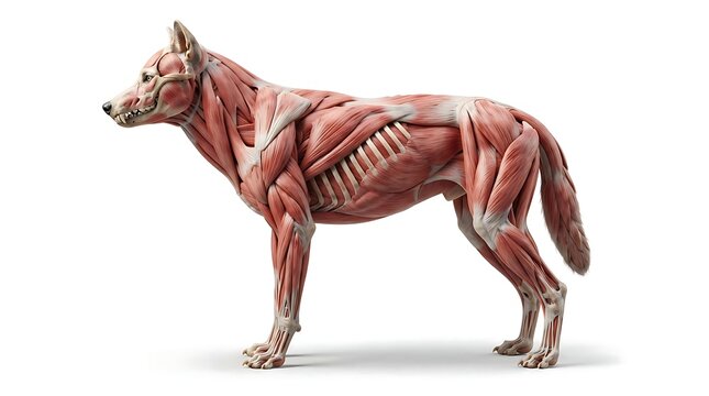 Wolf muscle structure illustration featuring red fibers for veterinary students and biological study.