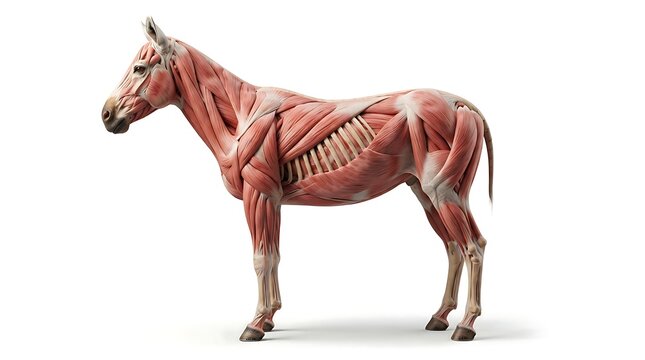 Horse muscular system visualization with detailed red fibers for equine science and veterinary care.