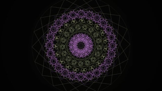 A symmetrical looping mandala of purple and yellow flowers forms a central circular pattern against a black background.