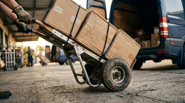 Delivery worker loading cardboard packages and boxes using a hand truck near a delivery van, commercial logistics freight transport shipping service concept photograph outdoors.