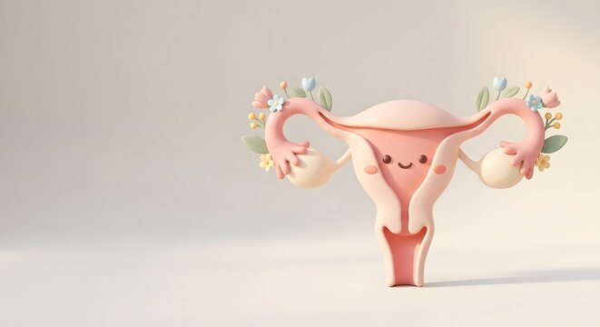 Stylized pink uterus character with floral details and smiley face