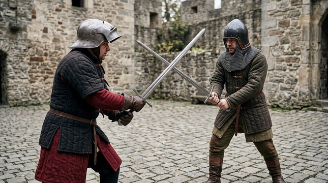 Historic sword fighting between two armored knights in medieval castle setting. Men in armor engage in duel with swords, showcasing traditional combat techniques.