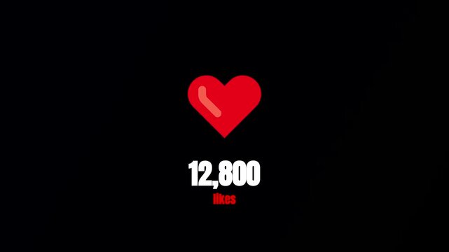 Animated red heart like icon with counter reading 12,800 likes, social media heart notification overlay on black background