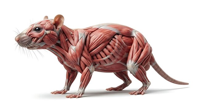 Rat muscular anatomy illustration with red muscle fibers on white background for veterinary science.