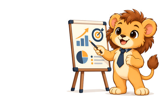 Cute baby lion business leader mascot presenting a strategy board with charts, leadership and success concept, 2D vector illustration on white background