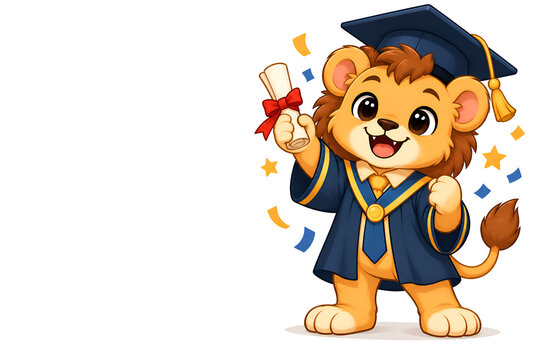 Cute baby lion graduate mascot in graduation cap and gown holding a diploma, education achievement and celebration, 2D vector illustration on white background