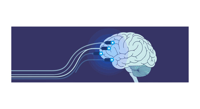 Human Brain with Neural Interface and Digital Connection Wires for AI Technology