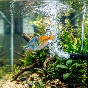 A dynamic scene of a Rainbowfish with shimmering scales, darting through a stream of fine bubbles from a submerged filter outlet, with natural light reflections.