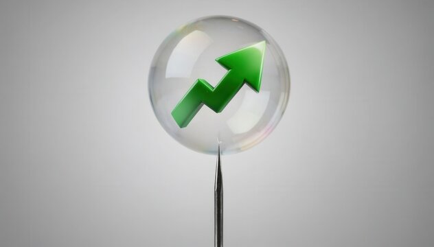 Financial Bubble Burst: A sharp needle pierces a transparent bubble containing a green upward trending arrow, symbolizing the fragility of economic booms and potential market crashes.