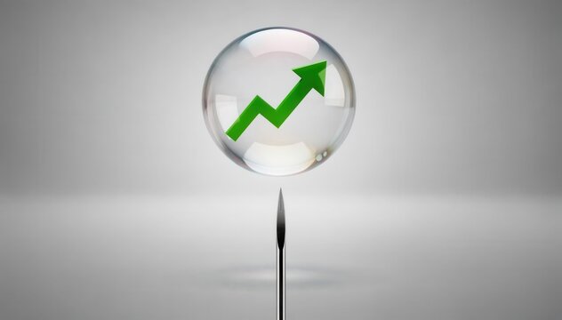 Financial Bubble Imminent Danger: A green arrow graph showing upward trend enclosed in a fragile soap bubble, poised precariously above a sharp needle.