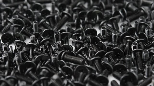 A dense pile of black screws rotates in close-up for electronics repair and precision assembly.