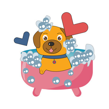 Cute vector illustration of a cartoon puppy taking a bubble bath in a pink tub