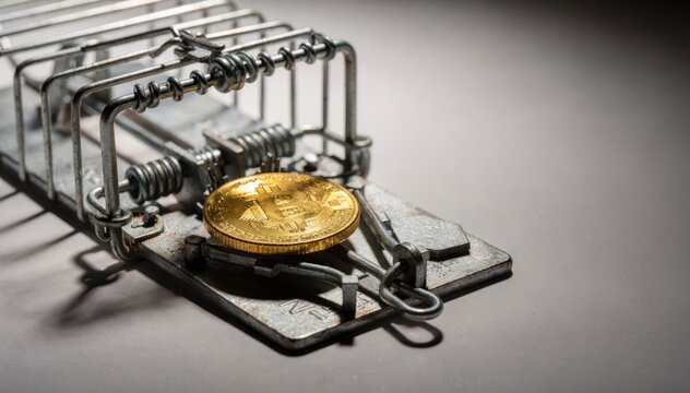 Bitcoin Trap: A golden bitcoin coin rests precariously on a mechanical trap, symbolizing the risks and potential pitfalls of cryptocurrency investments.