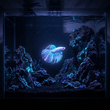 A deep-sea effect aquarium with a luminous Jellyfish-like fish (e.g., a certain type of Betta or gourami with a visual effect) floating in the dark, surrounded by minimalist, glowing rock formations.