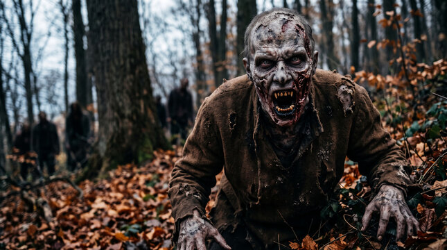 A menacing zombie with tattered clothes and gruesome wounds in a dark forest, representing horror, fear, and the supernatural