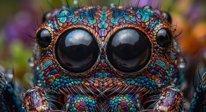 Extreme macro portrait of a vibrant jumping spider with intricate iridescent mosaic patterns