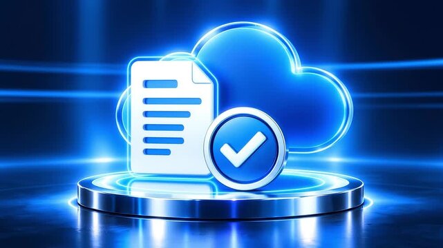 Glowing blue digital document icon with a checkmark inside a cloud concept representing successful data upload and file verification