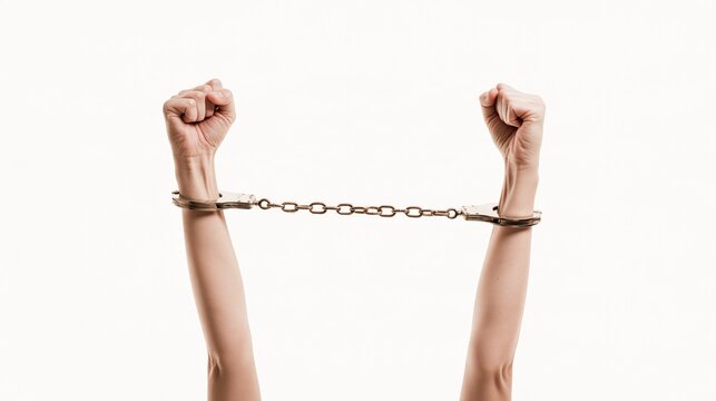 Person in handcuffs, raising fists, facing legal penalty and confinement, isolated on white.