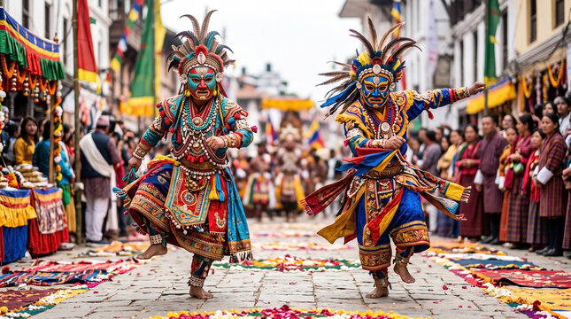 Colorful traditional dance troupe performers in intricate masks and elaborate costumes parading during festive celebrations.