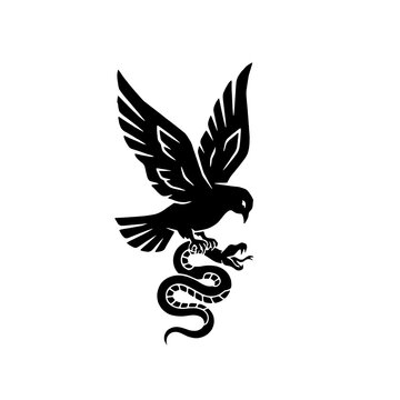 A black silhouette of an eagle fighting a snake on a white background