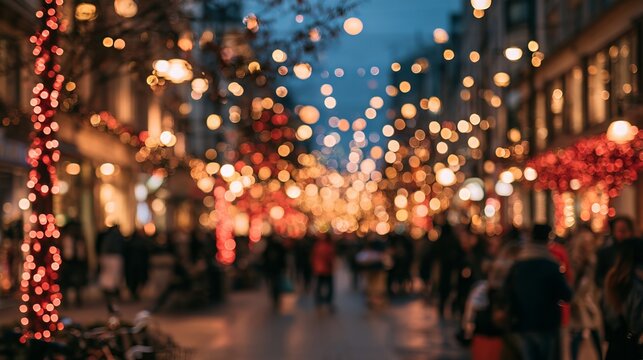 Defocused Christmas shopping street with warm golden overhead lights and red festive illumination forming luminous bokeh, holiday background