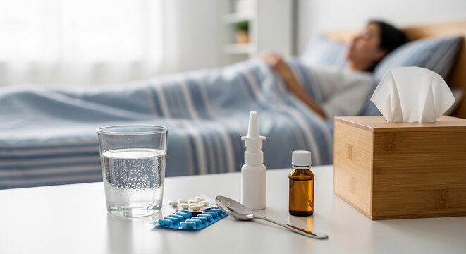 Sick person in bed with medicine, water, and tissues nearby, symbolizing illness and recovery, healthcare, and home care