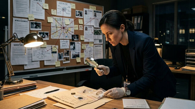 Detective Examining Evidence on a Crime Board Investigating Case