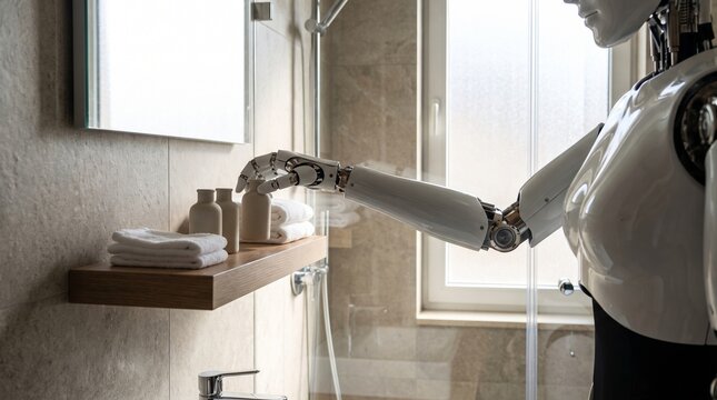Humanoid robot restocking toiletries in a modern hotel bathroom