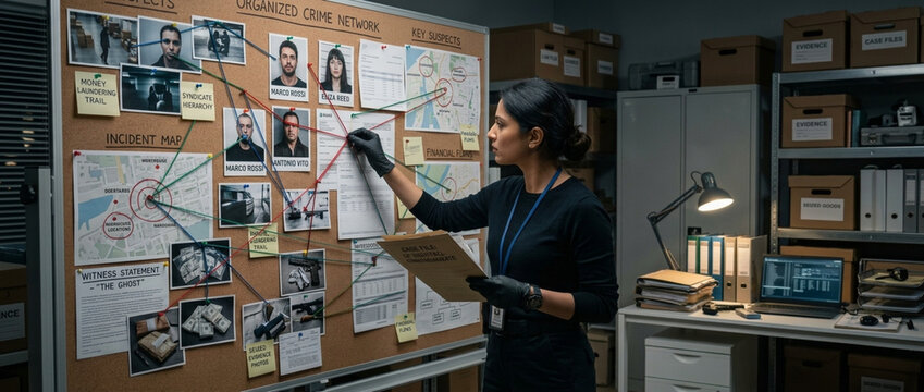 Detective woman connecting clues on investigation board crime scene evidence mystery solving
