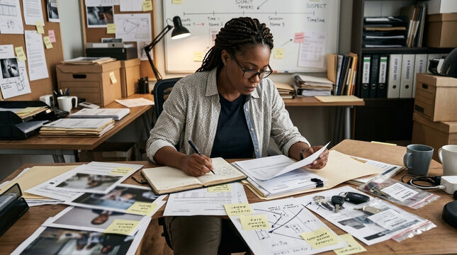 Detective woman working in messy office solving crime surrounded by evidence photos maps and notes