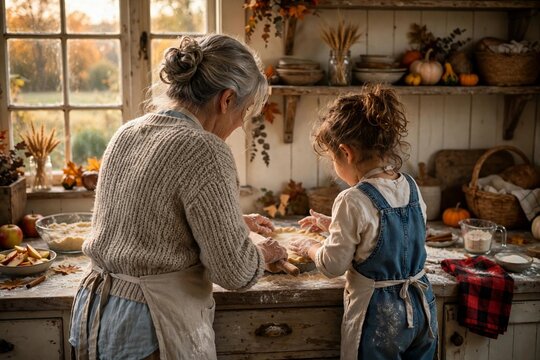 Grandmother and grandchild baking a Thanksgiving pie together in a cozy farmhouse kitchen